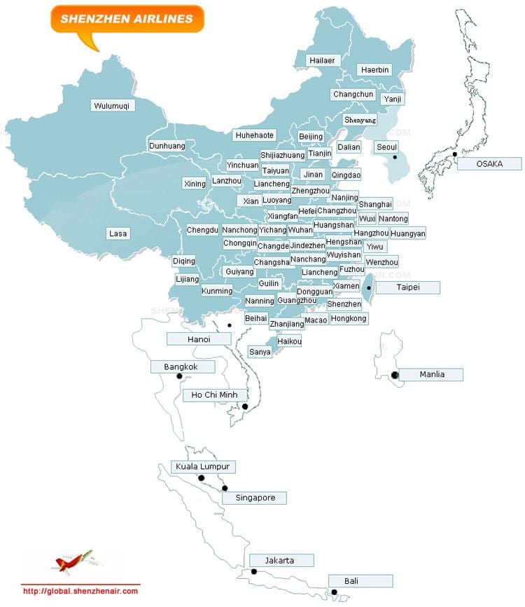 kart over Shenzhen airlines rute